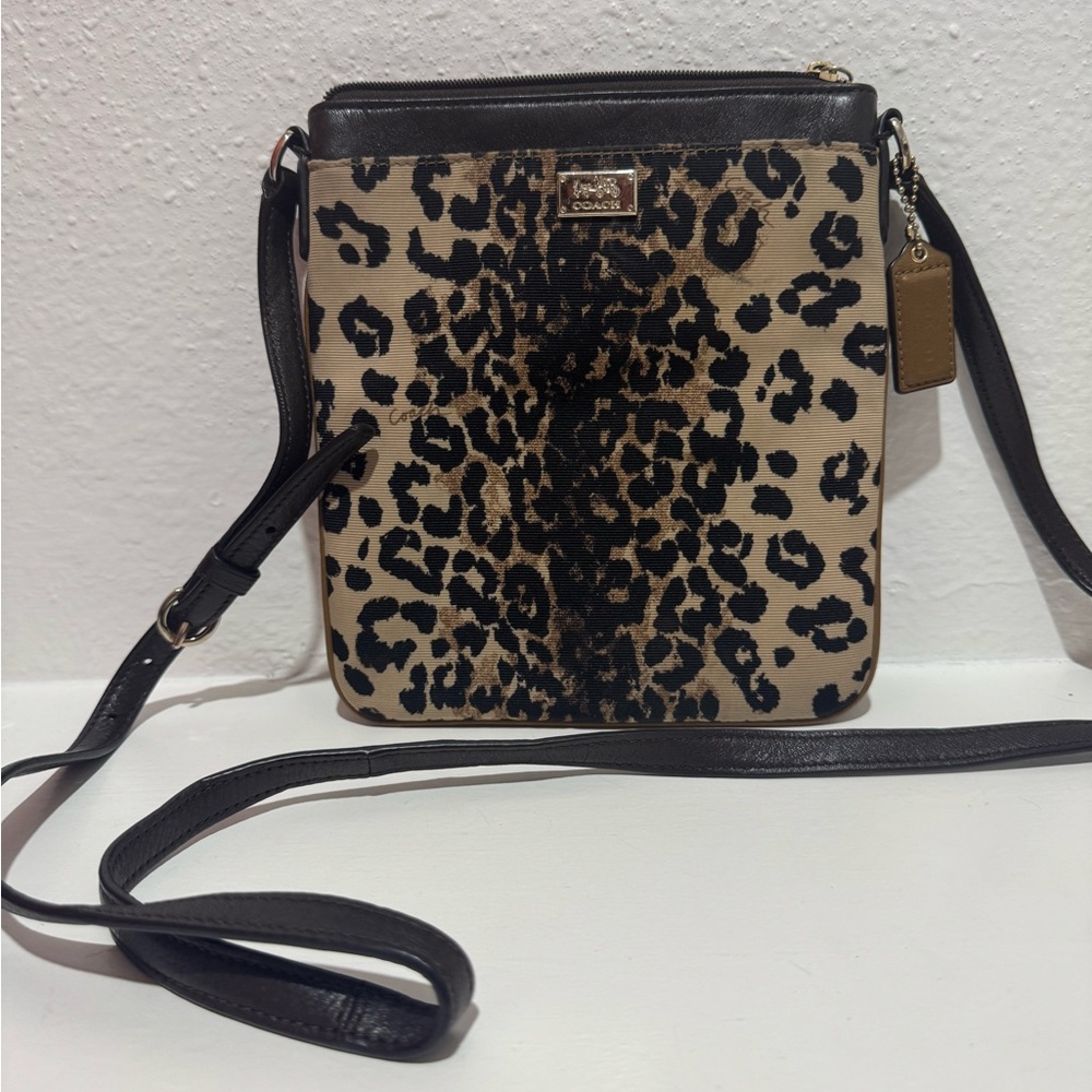 Coach Leopard Print Crossbody Bag with Black Trim